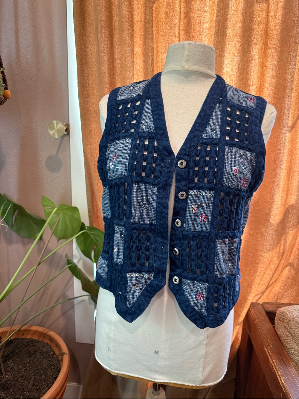 Koret Navy Patchwork Embroidered Button-Front Vest